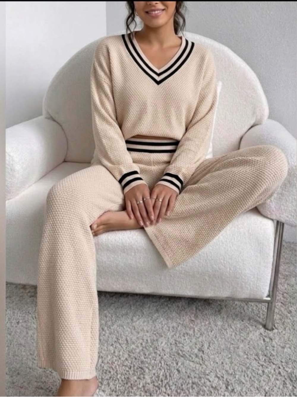 Sincerely Jules 100% Cotton waffle knit varsity lounge-set wide leg long sleeve